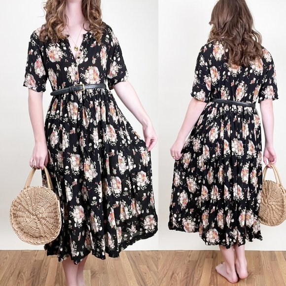 Vintage Flowy Button Up Midi Dress Floral Pleated Cottagecore Preppy Hippie Boho - Picture 1 of 8